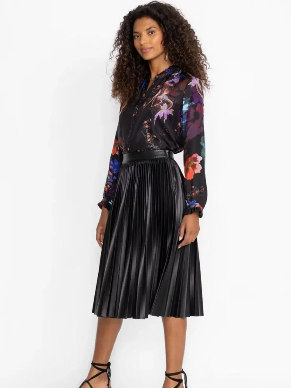 Johnny Was NWT Emmi Vegan Leather Pleated Midi Skirt in Black size 10